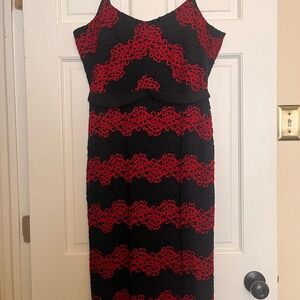 Dress the Population Black Midi Dress with Red Lace Overlay